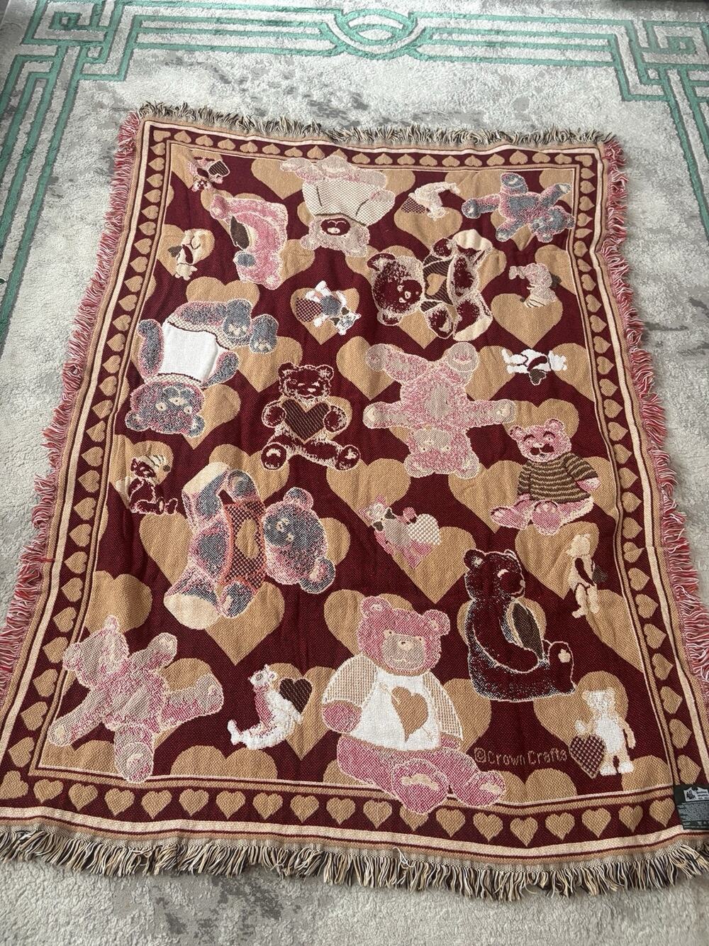 Vintage Crown Crafts Teddy Bear Blanket Throw 55” X 45” Goodwin Weavers
